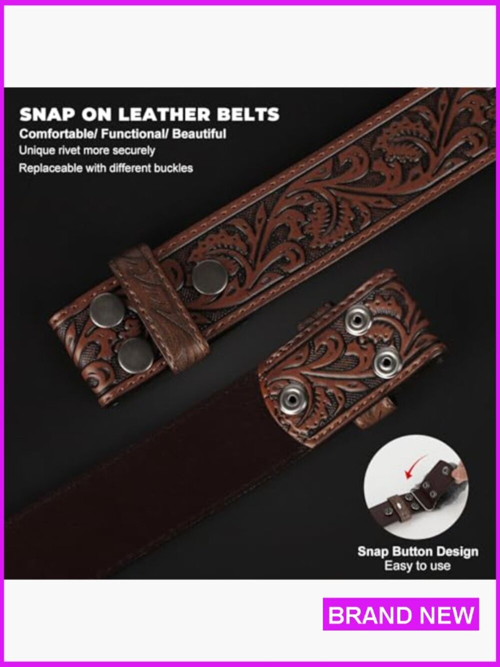 Western Leather Belt Strap Snap On Adjustable Classic Cowboy Cowgirl Style - Picture 3 of 7
